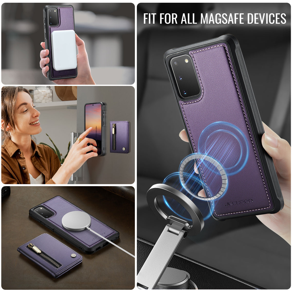 JEEHOOD For Samsung Galaxy S20 4G / Galaxy S20 5G Case  J12 Magnetic Detachable Zipper Wallet Kickstand Leather Back Cover Magnetic Case