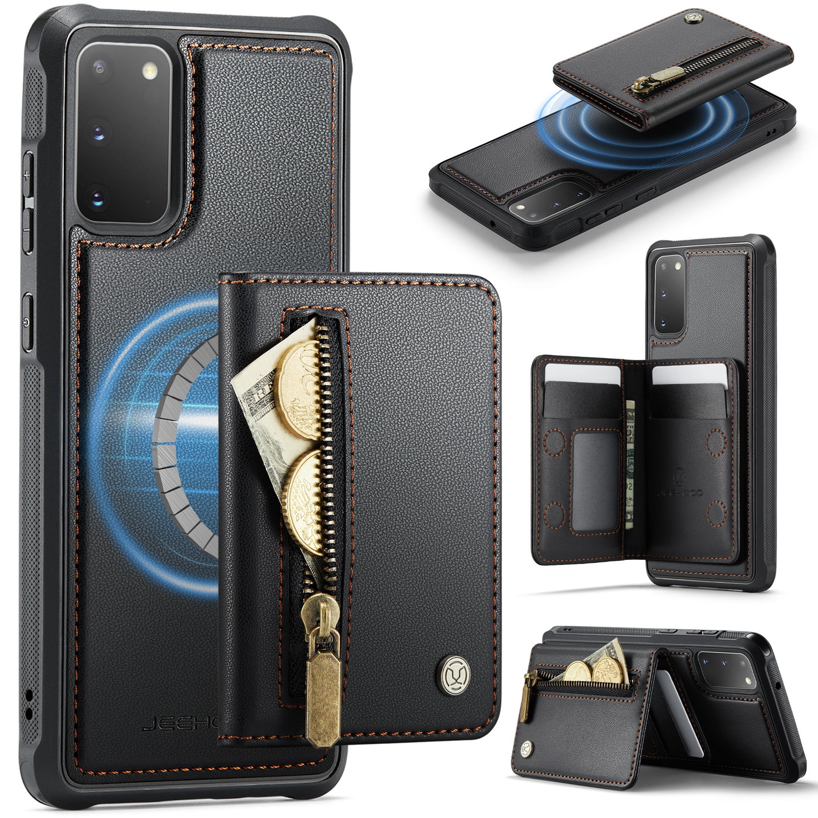 JEEHOOD For Samsung Galaxy S20 4G / Galaxy S20 5G Case  J12 Magnetic Detachable Zipper Wallet Kickstand Leather Back Cover Magnetic Case