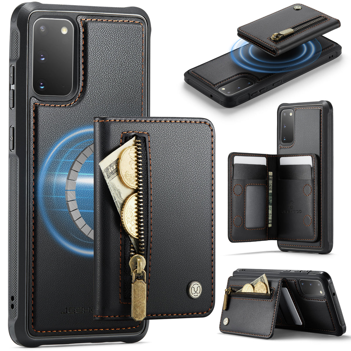 JEEHOOD For Samsung Galaxy S20 4G / Galaxy S20 5G Case  J12 Magnetic Detachable Zipper Wallet Kickstand Leather Back Cover Magnetic Case