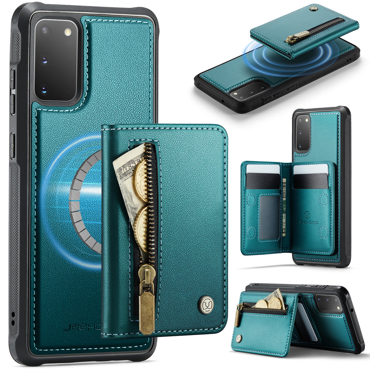JEEHOOD For Samsung Galaxy S20 4G / Galaxy S20 5G Case  J12 Magnetic Detachable Zipper Wallet Kickstand Leather Back Cover Magnetic Case