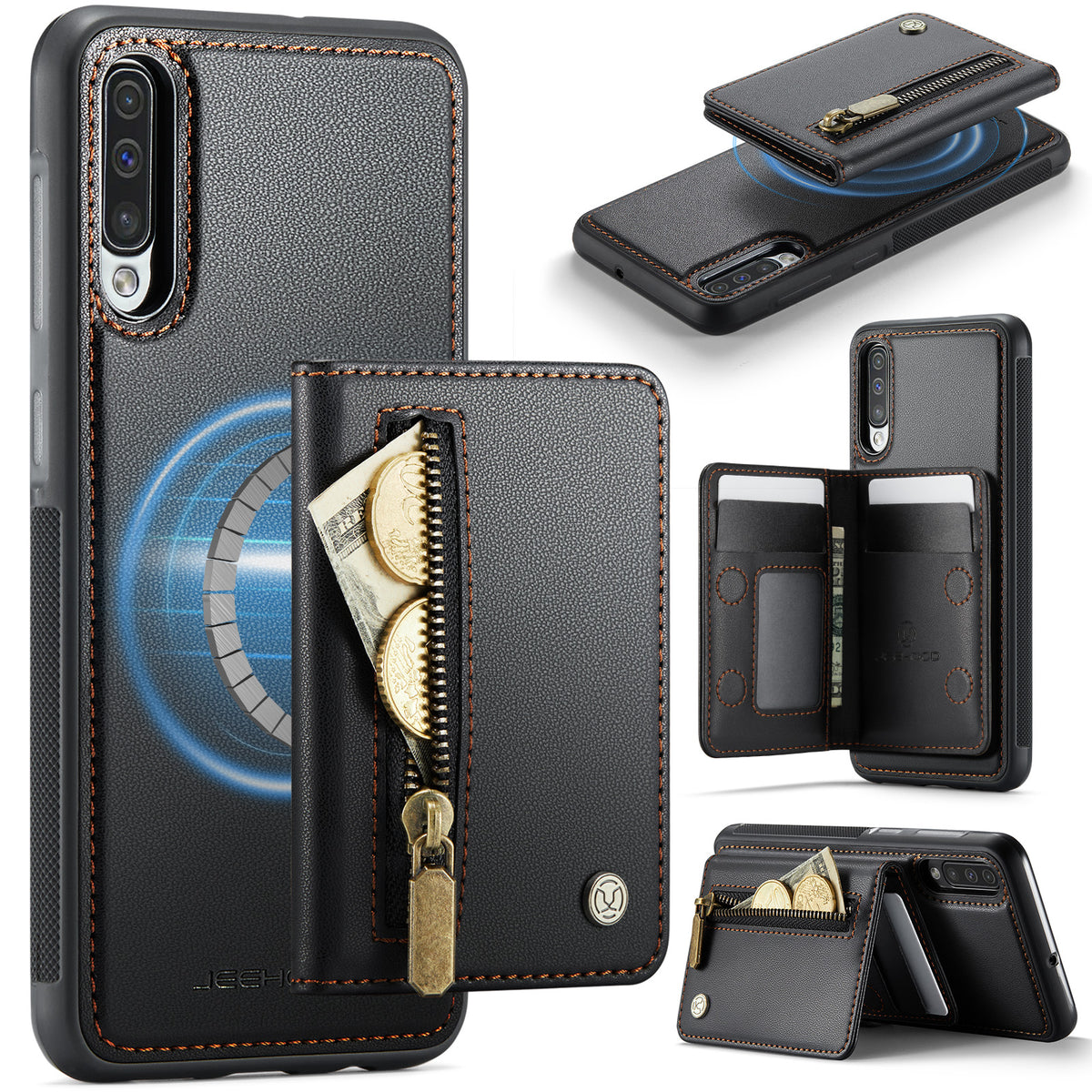 JEEHOOD For Samsung Galaxy A50 Case  J12 Magnetic Detachable Zipper Wallet Kickstand Leather Back Cover Magnetic Case