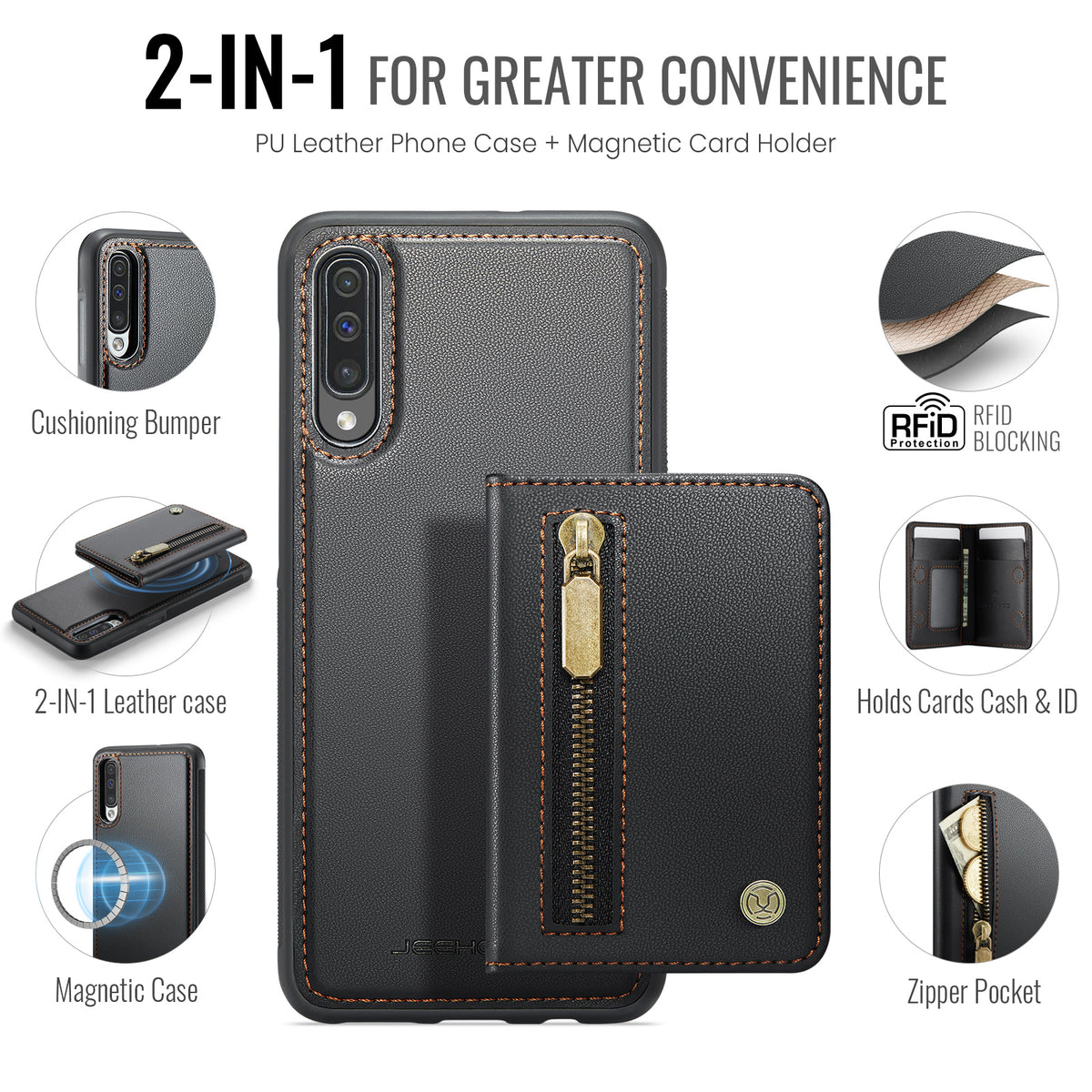 JEEHOOD For Samsung Galaxy A50 Case  J12 Magnetic Detachable Zipper Wallet Kickstand Leather Back Cover Magnetic Case