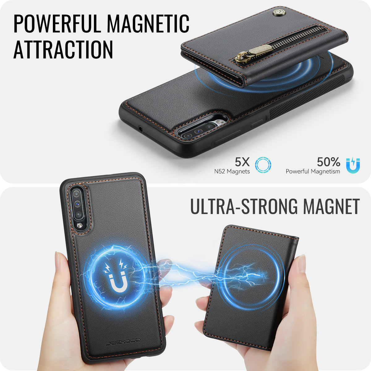JEEHOOD For Samsung Galaxy A50 Case  J12 Magnetic Detachable Zipper Wallet Kickstand Leather Back Cover Magnetic Case