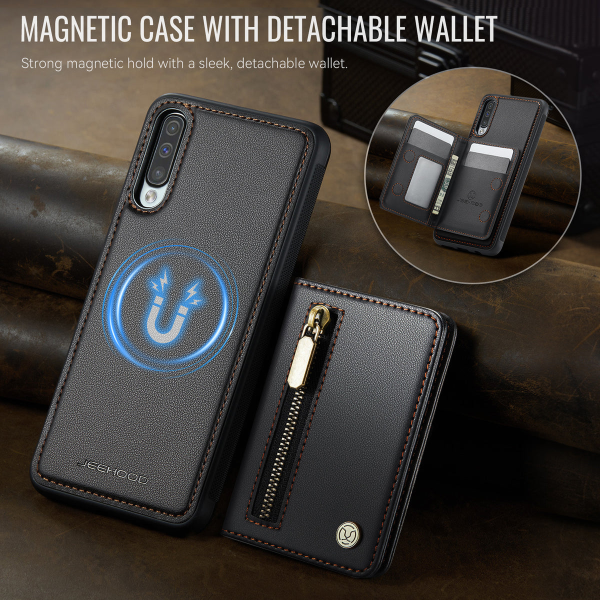 JEEHOOD For Samsung Galaxy A50 Case  J12 Magnetic Detachable Zipper Wallet Kickstand Leather Back Cover Magnetic Case
