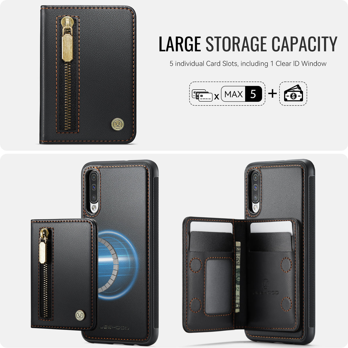 JEEHOOD For Samsung Galaxy A50 Case  J12 Magnetic Detachable Zipper Wallet Kickstand Leather Back Cover Magnetic Case