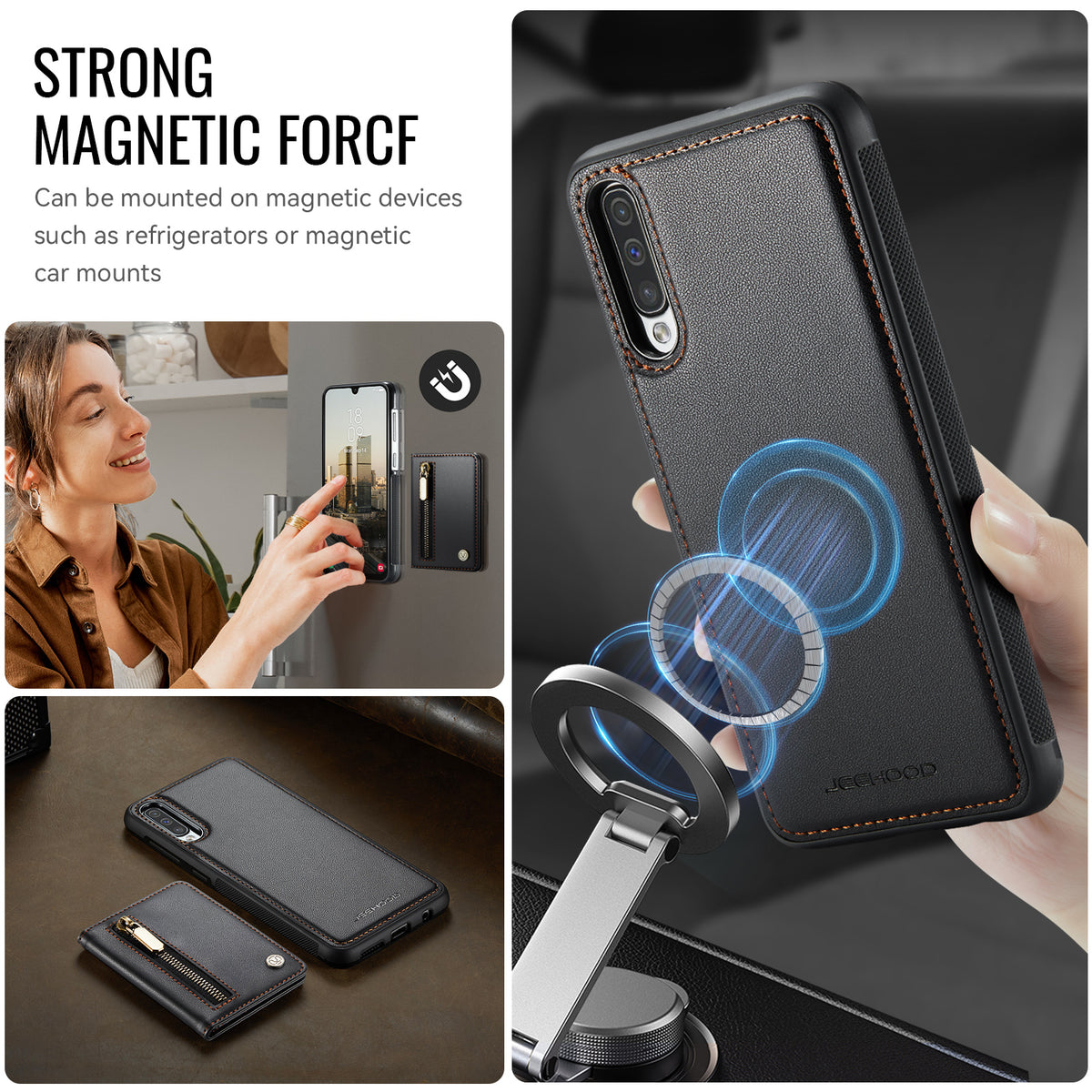 JEEHOOD For Samsung Galaxy A50 Case  J12 Magnetic Detachable Zipper Wallet Kickstand Leather Back Cover Magnetic Case