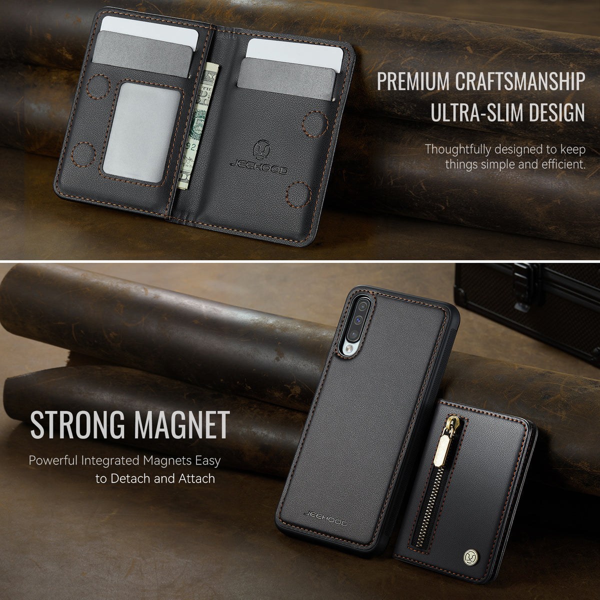 JEEHOOD For Samsung Galaxy A50 Case  J12 Magnetic Detachable Zipper Wallet Kickstand Leather Back Cover Magnetic Case