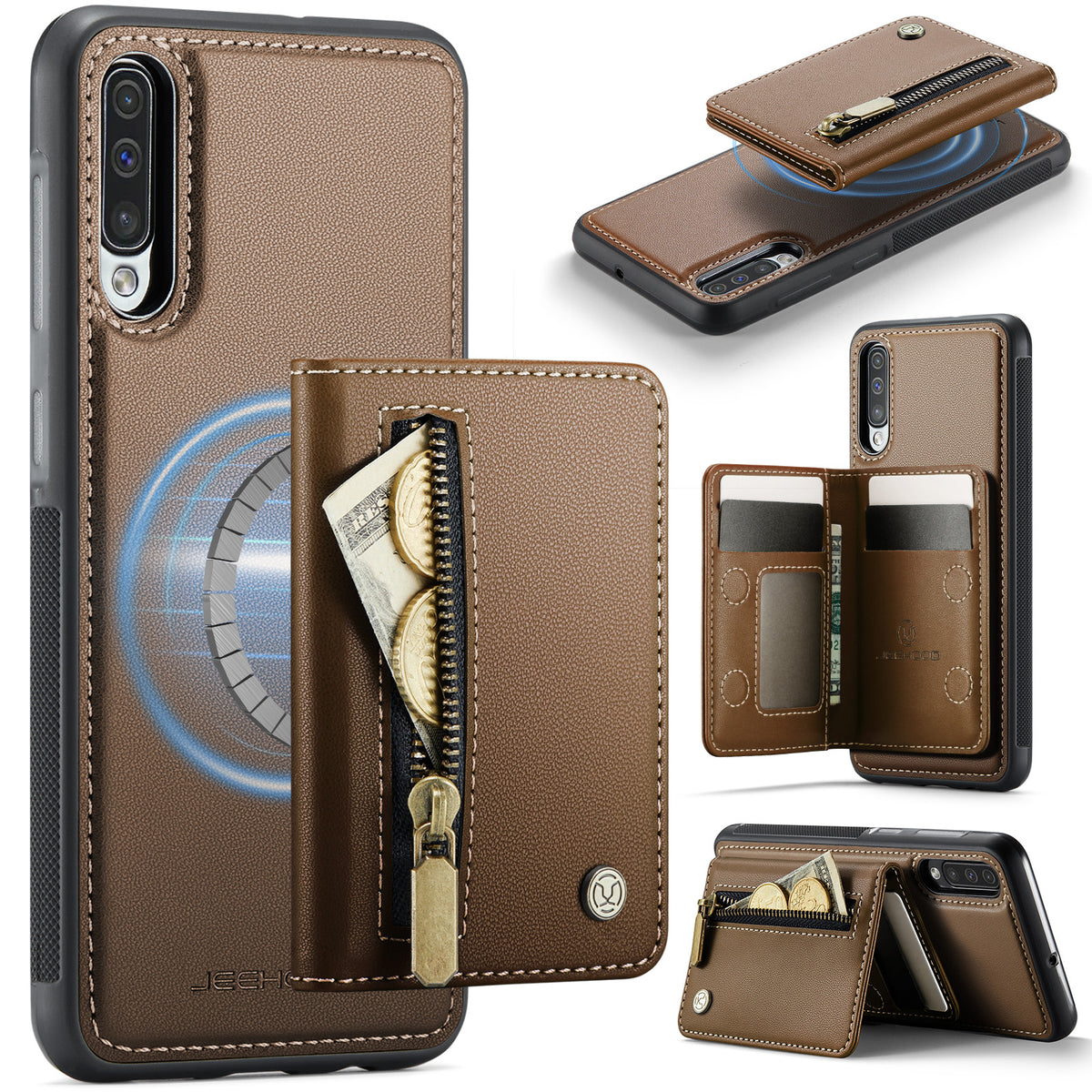 JEEHOOD For Samsung Galaxy A50 Case  J12 Magnetic Detachable Zipper Wallet Kickstand Leather Back Cover Magnetic Case