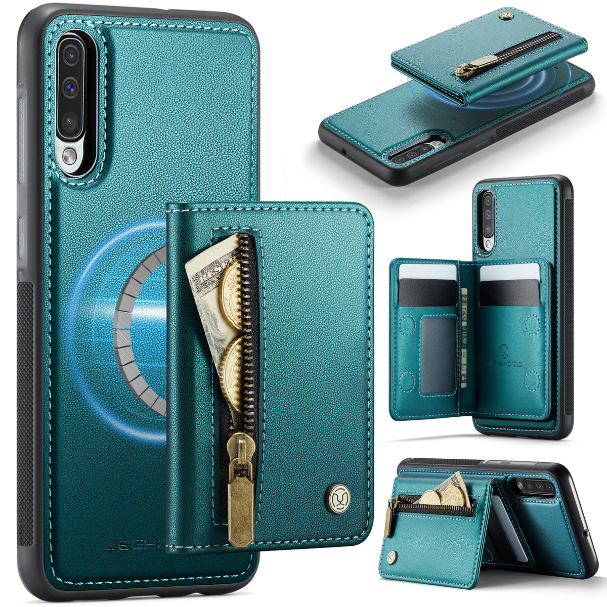JEEHOOD For Samsung Galaxy A50 Case  J12 Magnetic Detachable Zipper Wallet Kickstand Leather Back Cover Magnetic Case