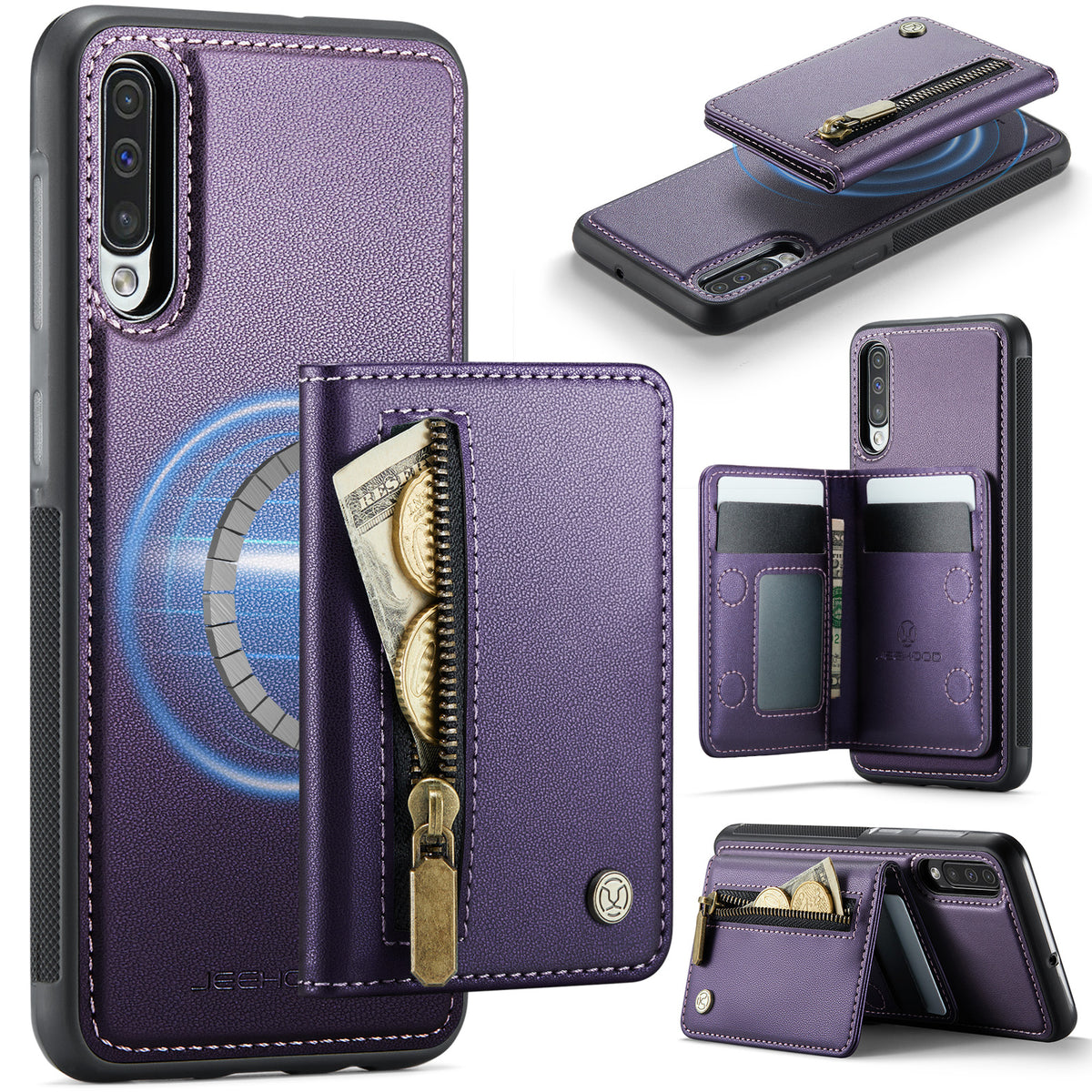 JEEHOOD For Samsung Galaxy A50 Case  J12 Magnetic Detachable Zipper Wallet Kickstand Leather Back Cover Magnetic Case