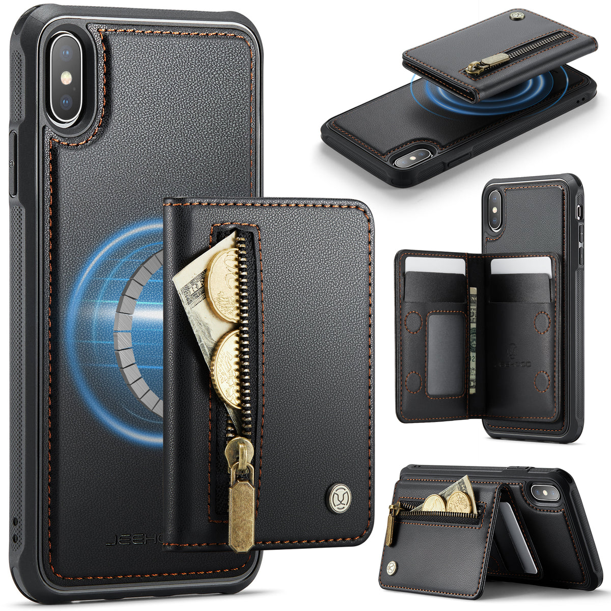 JEEHOOD Til iPhone XS Max 6,5 tommer etui J12 Magnetisk aftagelig lynlåspung Kickstand lædercover kompatibel med MagSafe
