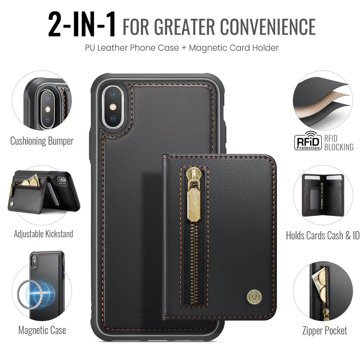 JEEHOOD Til iPhone XS Max 6,5 tommer etui J12 Magnetisk aftagelig lynlåspung Kickstand lædercover kompatibel med MagSafe