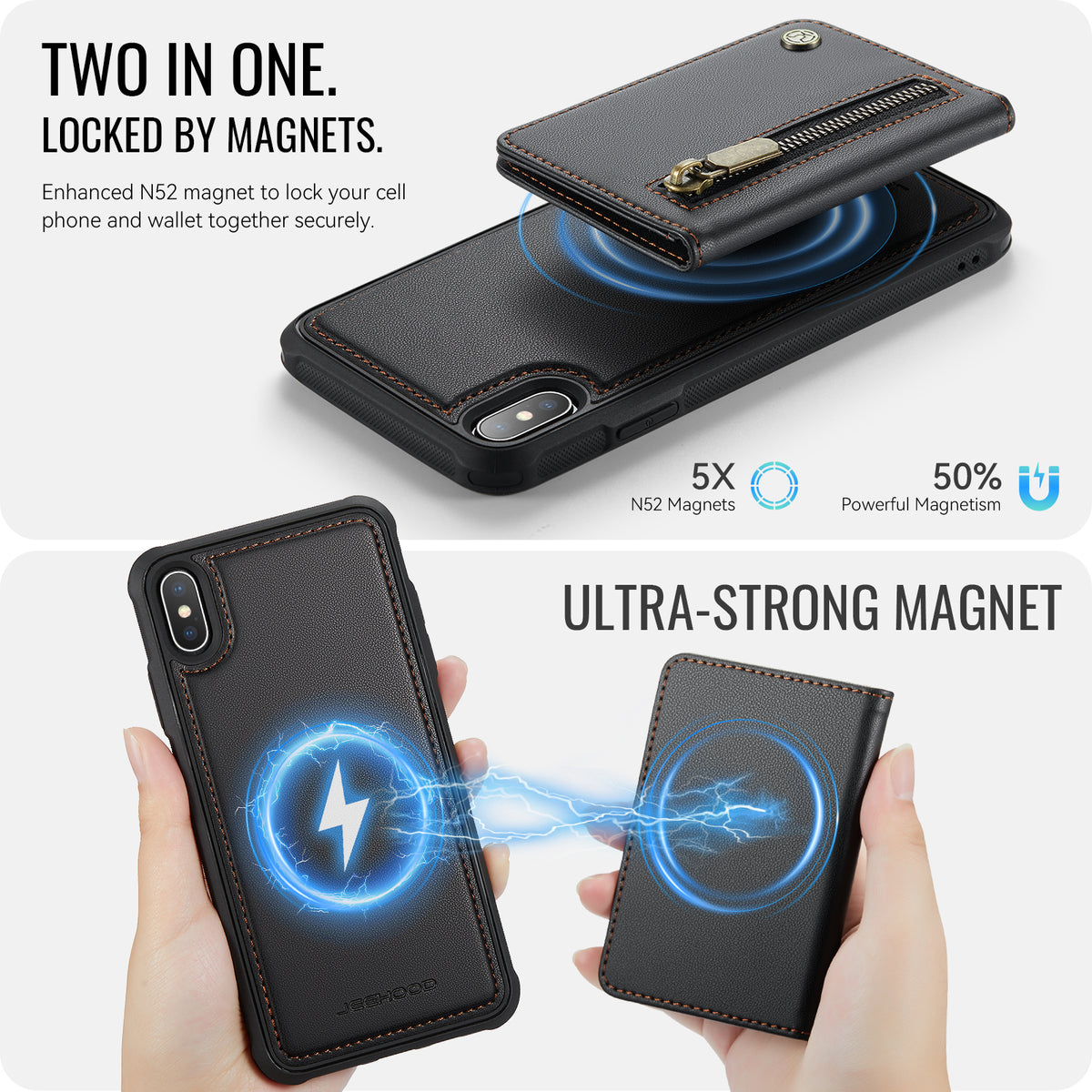 JEEHOOD Til iPhone XS Max 6,5 tommer etui J12 Magnetisk aftagelig lynlåspung Kickstand lædercover kompatibel med MagSafe