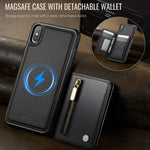 JEEHOOD Til iPhone XS Max 6,5 tommer etui J12 Magnetisk aftagelig lynlåspung Kickstand lædercover kompatibel med MagSafe
