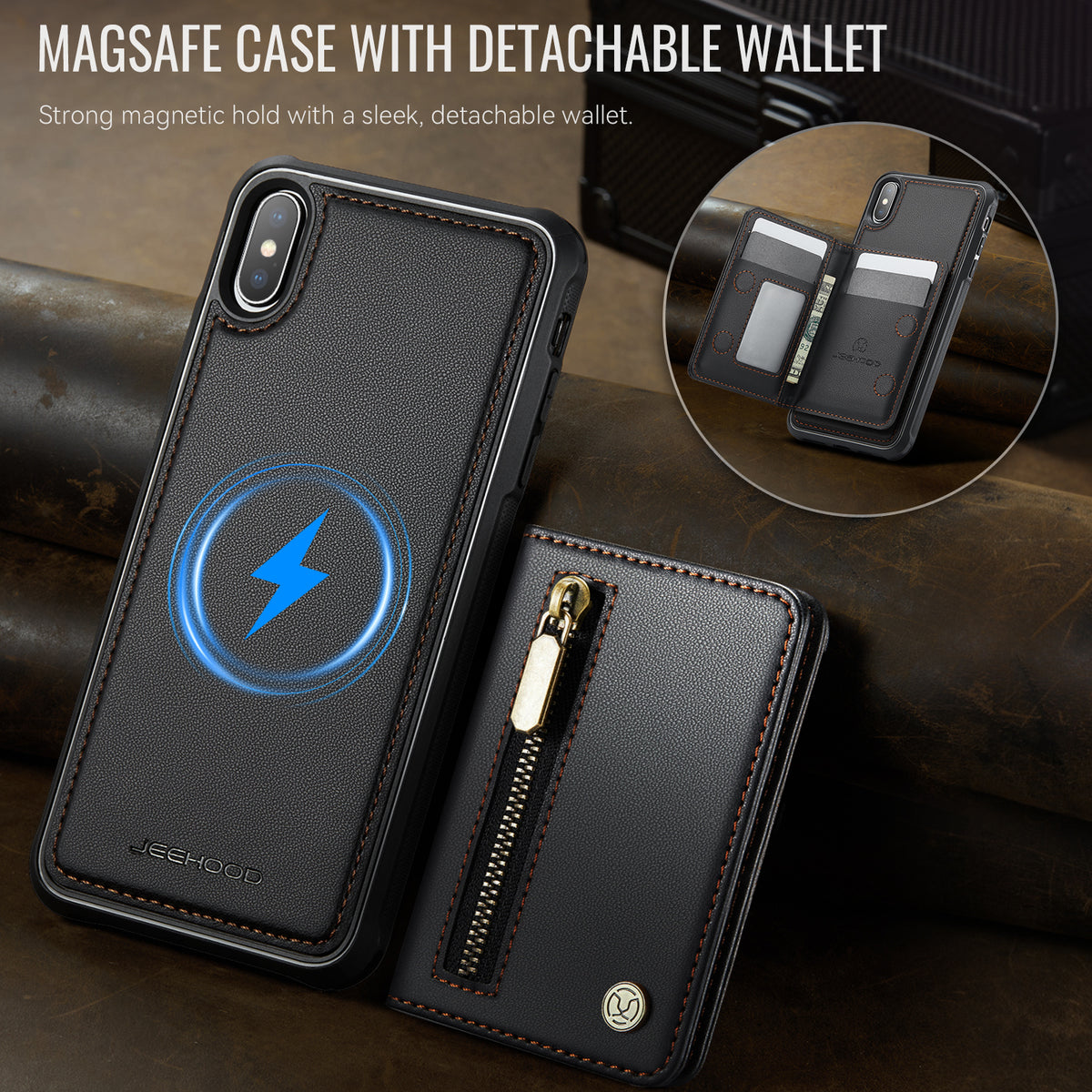 JEEHOOD Til iPhone XS Max 6,5 tommer etui J12 Magnetisk aftagelig lynlåspung Kickstand lædercover kompatibel med MagSafe