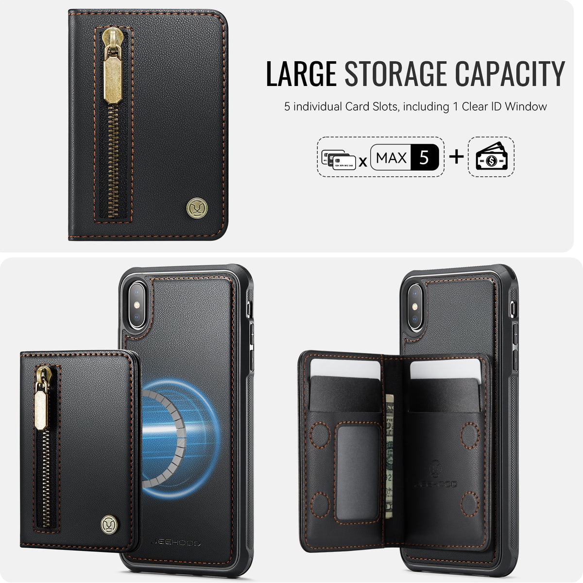 JEEHOOD Til iPhone XS Max 6,5 tommer etui J12 Magnetisk aftagelig lynlåspung Kickstand lædercover kompatibel med MagSafe
