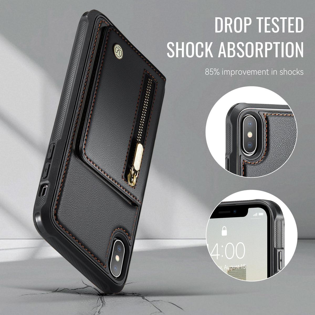 JEEHOOD Til iPhone XS Max 6,5 tommer etui J12 Magnetisk aftagelig lynlåspung Kickstand lædercover kompatibel med MagSafe