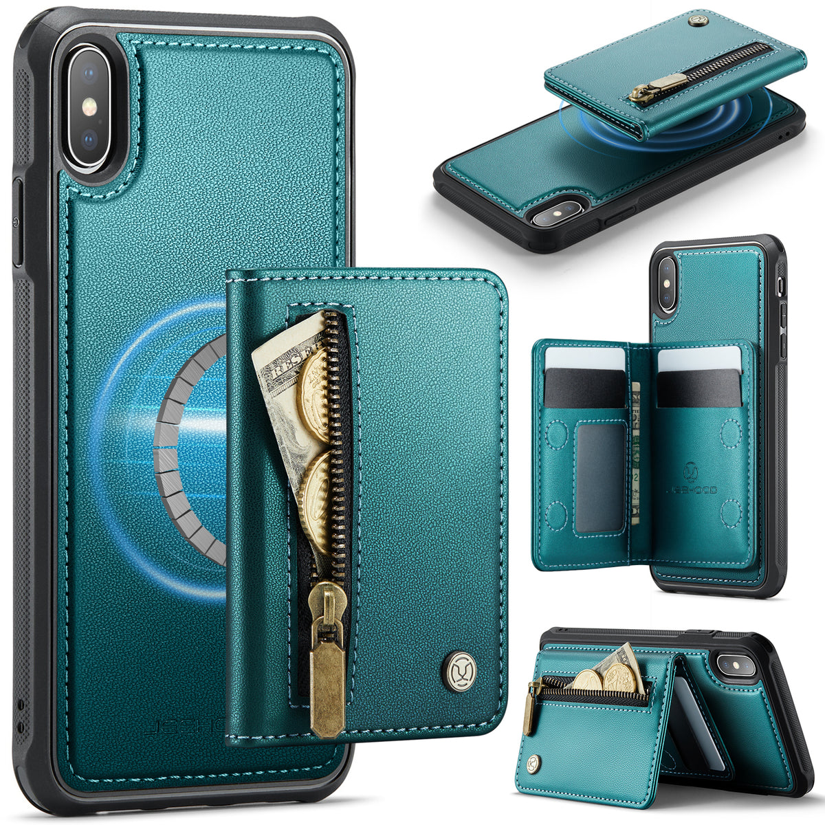 JEEHOOD Til iPhone XS Max 6,5 tommer etui J12 Magnetisk aftagelig lynlåspung Kickstand lædercover kompatibel med MagSafe