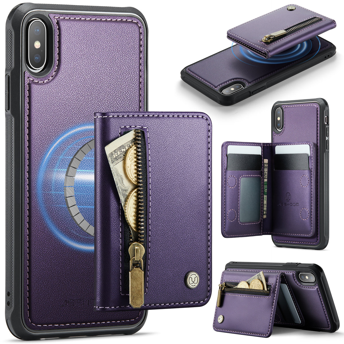 JEEHOOD Til iPhone XS Max 6,5 tommer etui J12 Magnetisk aftagelig lynlåspung Kickstand lædercover kompatibel med MagSafe