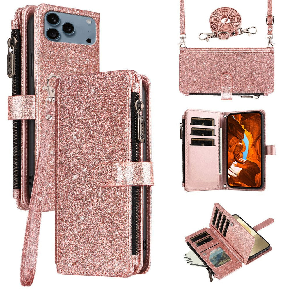 ASUWISH til iPhone 17 Pro cover 10 kortholder glitrende lædertelefoncover med crossbody-strop