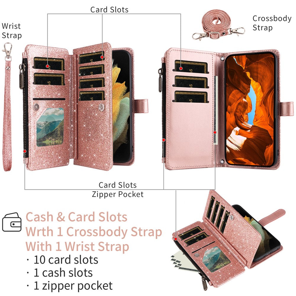 ASUWISH til iPhone 17 Pro cover 10 kortholder glitrende lædertelefoncover med crossbody-strop