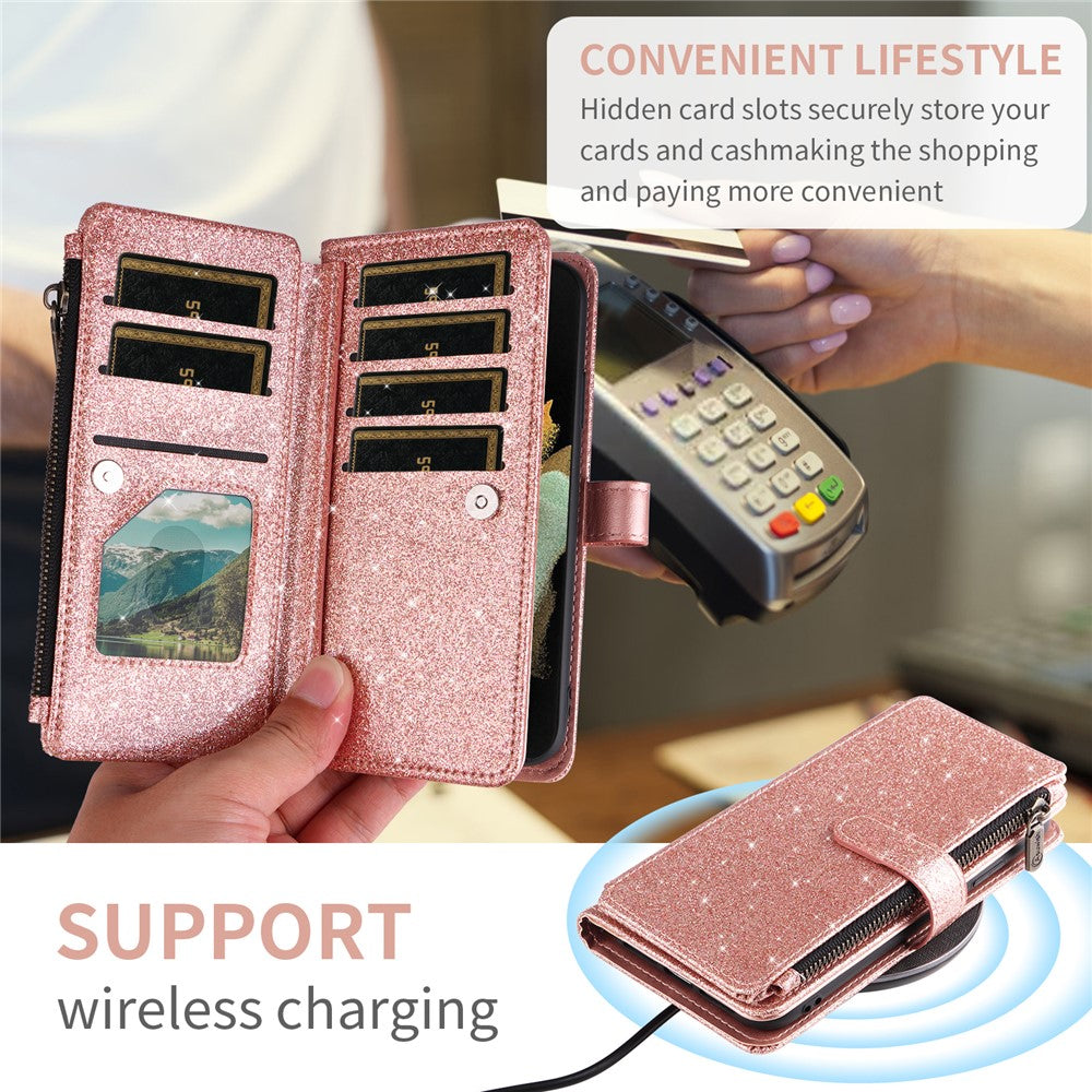 ASUWISH til iPhone 17 Pro cover 10 kortholder glitrende lædertelefoncover med crossbody-strop