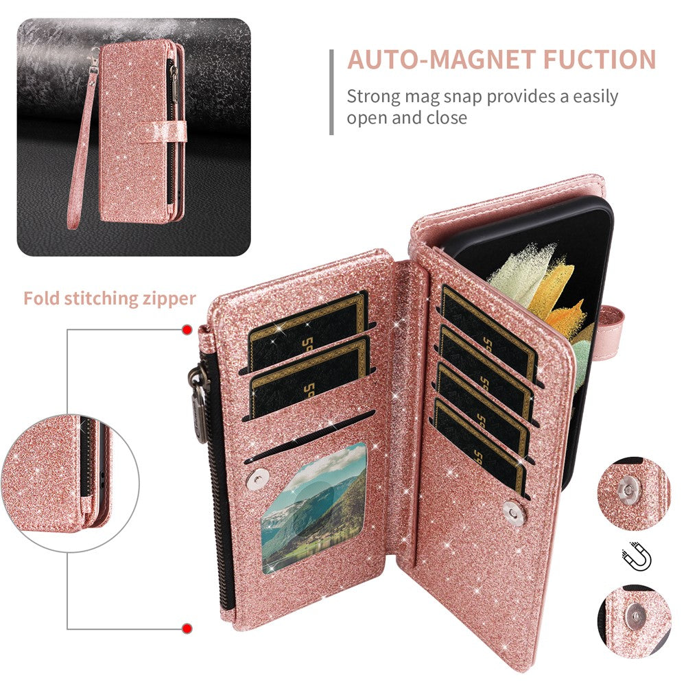 ASUWISH til iPhone 17 Pro cover 10 kortholder glitrende lædertelefoncover med crossbody-strop