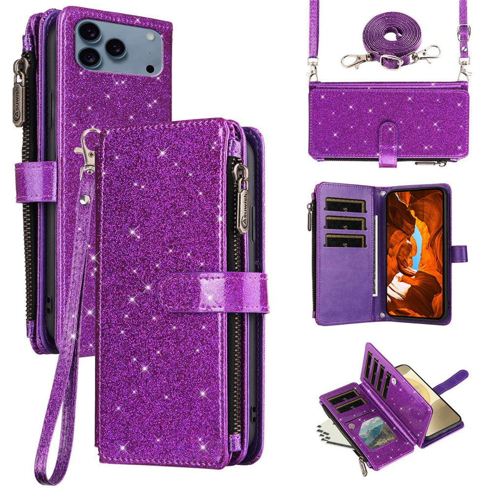 ASUWISH til iPhone 17 Pro cover 10 kortholder glitrende lædertelefoncover med crossbody-strop