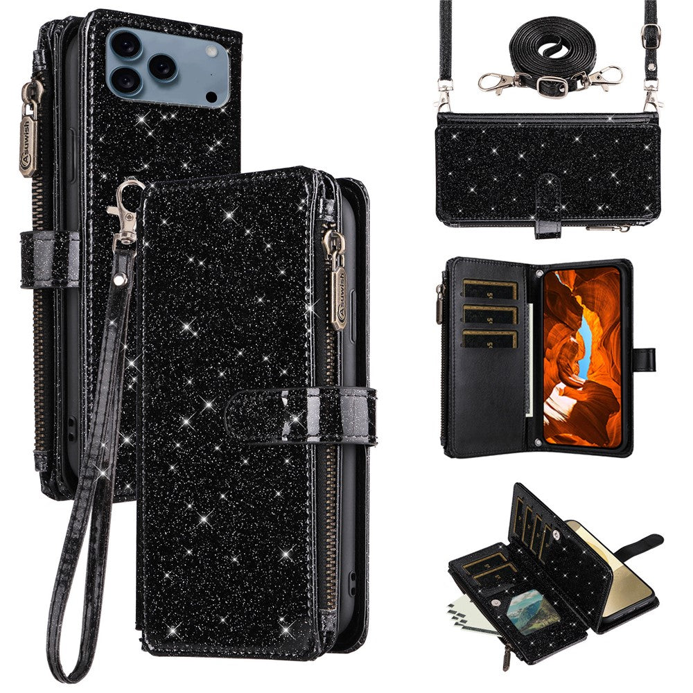 ASUWISH til iPhone 17 Pro cover 10 kortholder glitrende lædertelefoncover med crossbody-strop