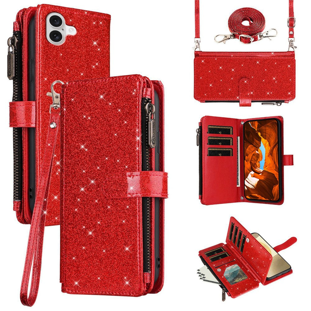 ASUWISH For iPhone 17 Case 10 Card Holder Glitter Leather Phone Cover with Crossbody Strap
