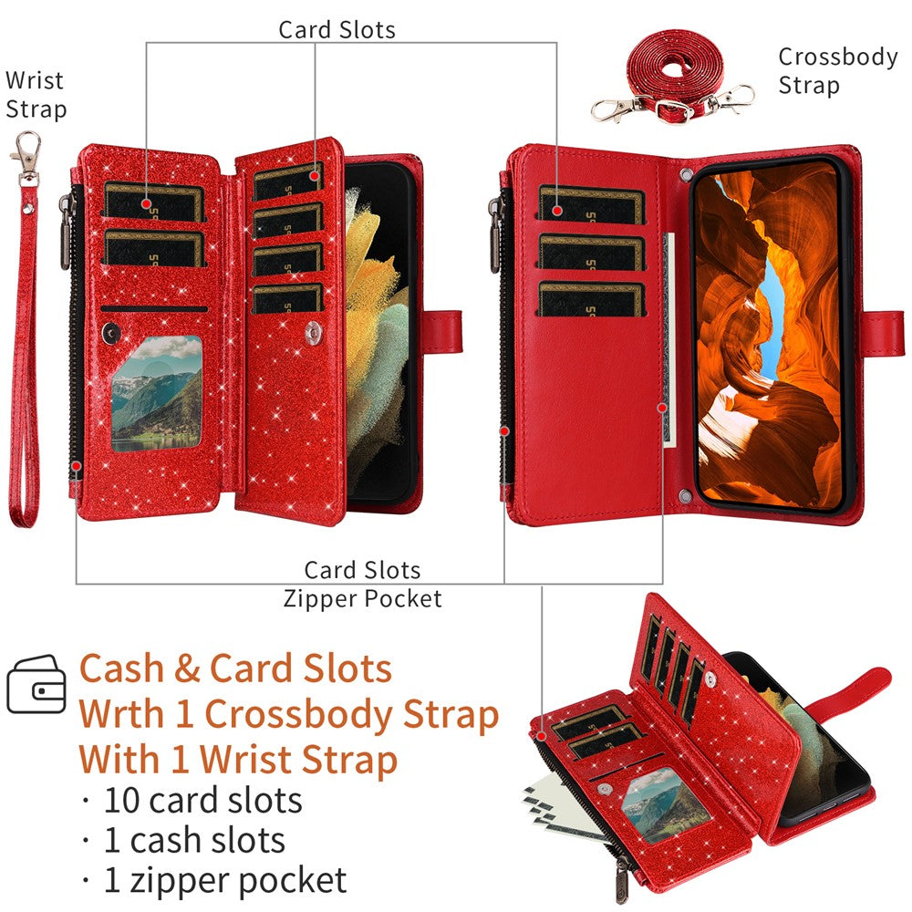 ASUWISH For iPhone 17 Case 10 Card Holder Glitter Leather Phone Cover with Crossbody Strap