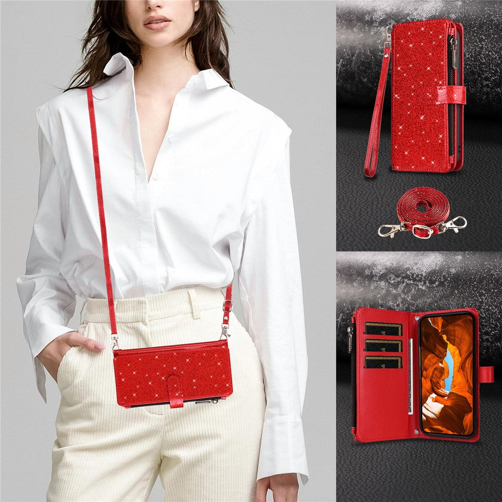 ASUWISH For iPhone 17 Case 10 Card Holder Glitter Leather Phone Cover with Crossbody Strap