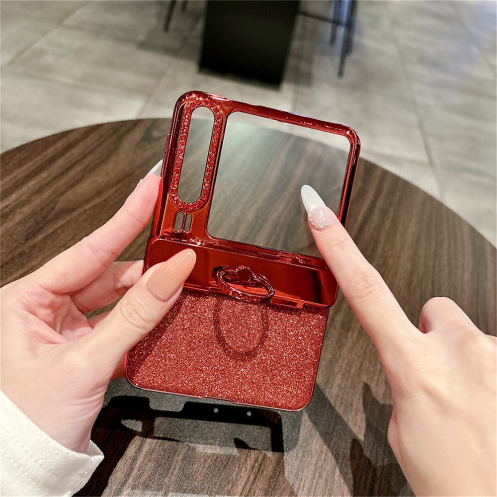 Huawei Pura X-skal med glitterring och PC-mobilskydd med härdat glas på baksidan.