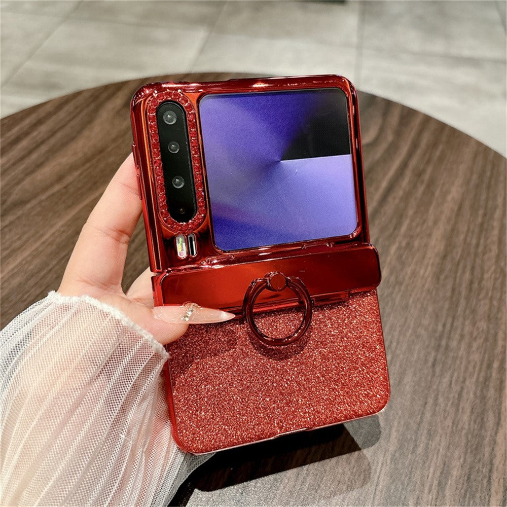 Huawei Pura X-skal med glitterring och PC-mobilskydd med härdat glas på baksidan.