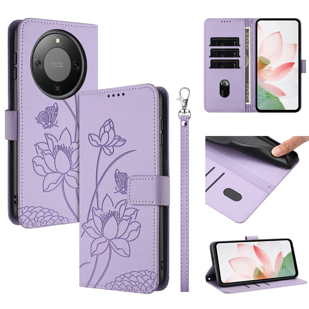For Honor Magic8 Lite 5G / X9d 5G / X70 5G Case Wallet Stand Lotus Imprint Leather Phone Cover with Wrist Strap