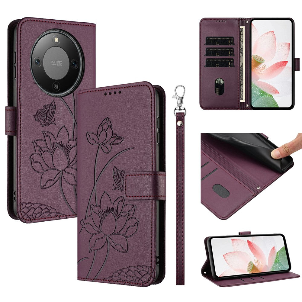 For Honor Magic8 Lite 5G / X9d 5G / X70 5G Case Wallet Stand Lotus Imprint Leather Phone Cover with Wrist Strap