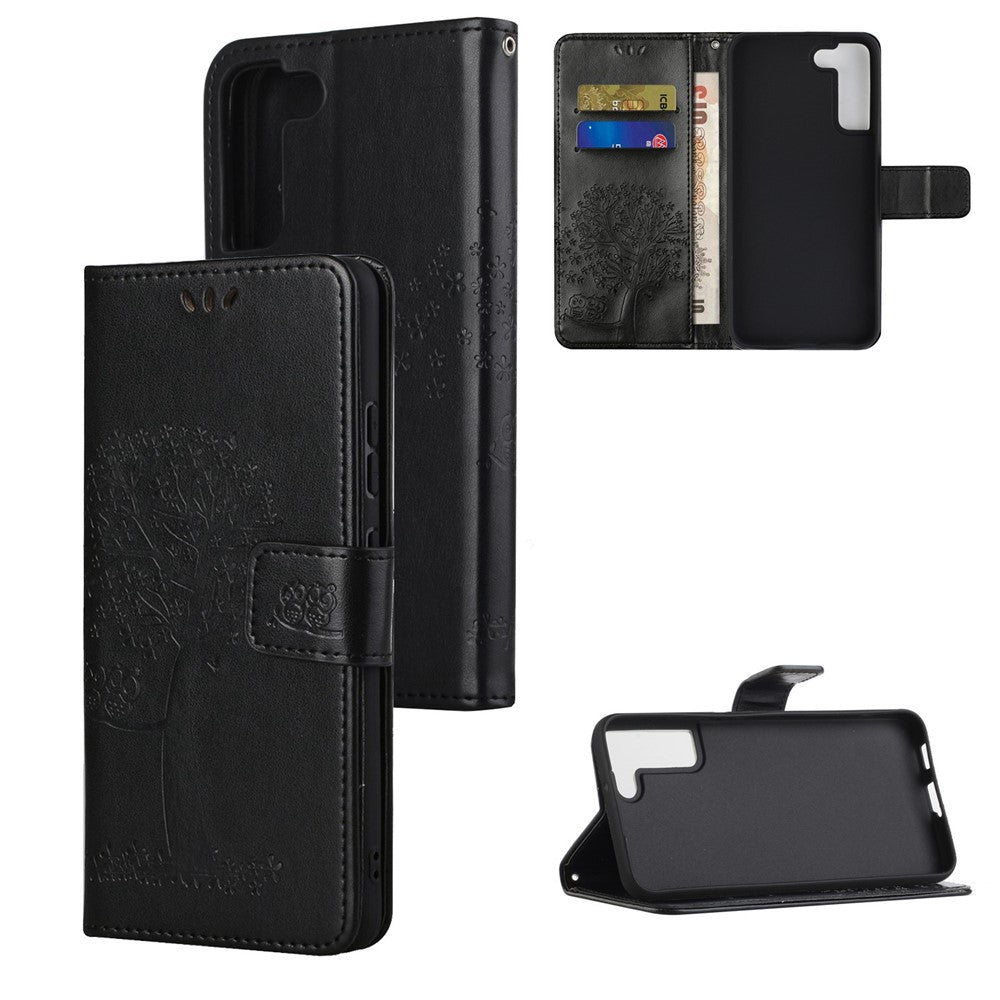 Full Protection Phone Cover for Samsung Galaxy S23+, PU Leather Imprinted Owl Tree Pattern Magnetic Clasp Flip Wallet Case with Stand