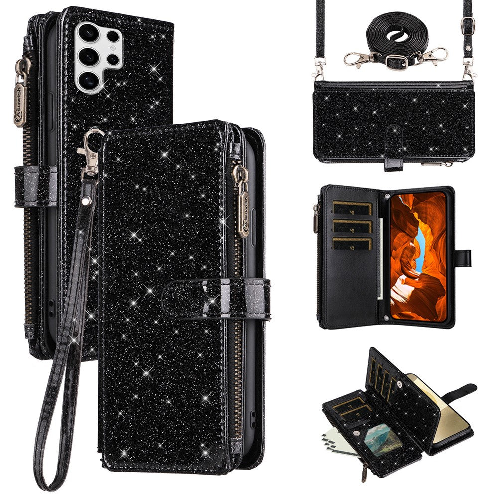 ASUWISH For Samsung Galaxy S23 Ultra Case 10 Card Holder Glitter Leather Phone Cover with Crossbody Strap
