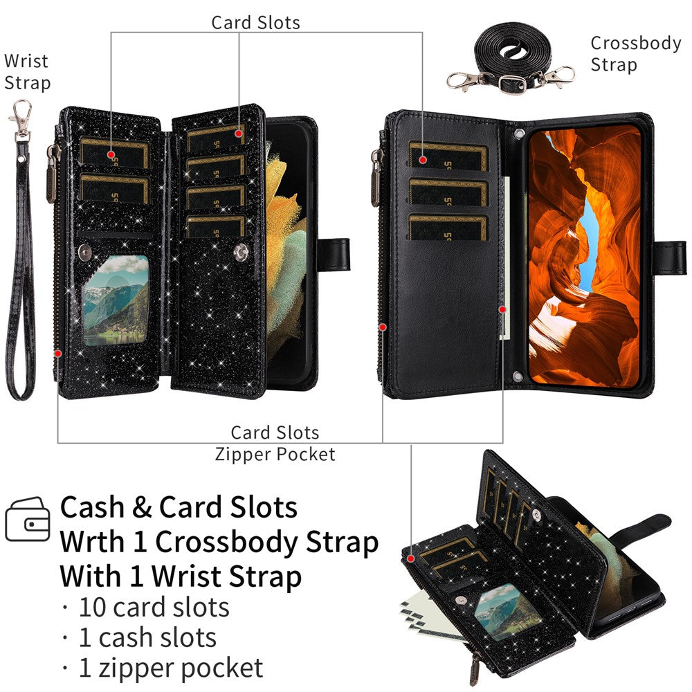 ASUWISH For Samsung Galaxy S23 Ultra Case 10 Card Holder Glitter Leather Phone Cover with Crossbody Strap