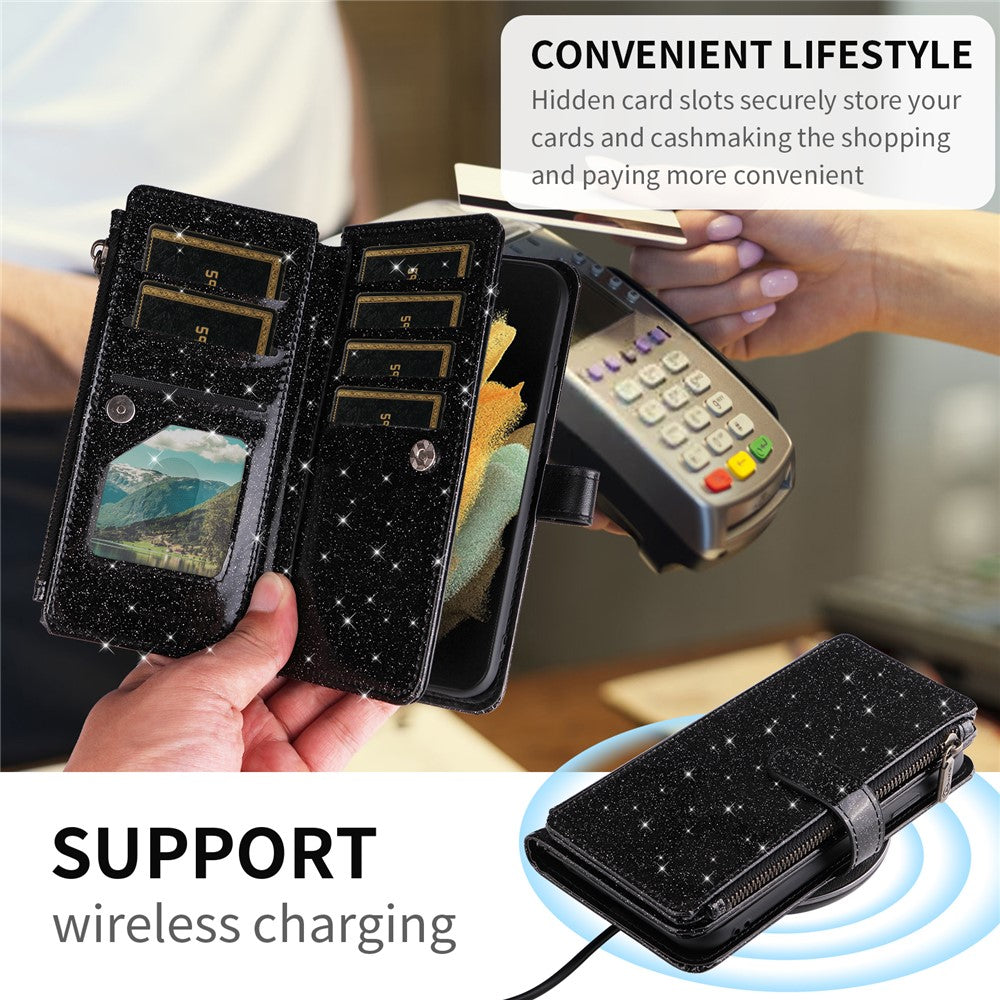 ASUWISH For Samsung Galaxy S23 Ultra Case 10 Card Holder Glitter Leather Phone Cover with Crossbody Strap