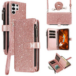 ASUWISH For Samsung Galaxy S23 Ultra Case 10 Card Holder Glitter Leather Phone Cover with Crossbody Strap