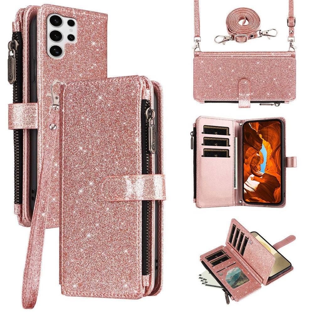 ASUWISH For Samsung Galaxy S23 Ultra Case 10 Card Holder Glitter Leather Phone Cover with Crossbody Strap