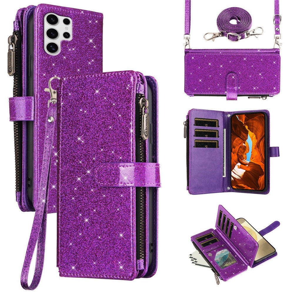 ASUWISH For Samsung Galaxy S23 Ultra Case 10 Card Holder Glitter Leather Phone Cover with Crossbody Strap