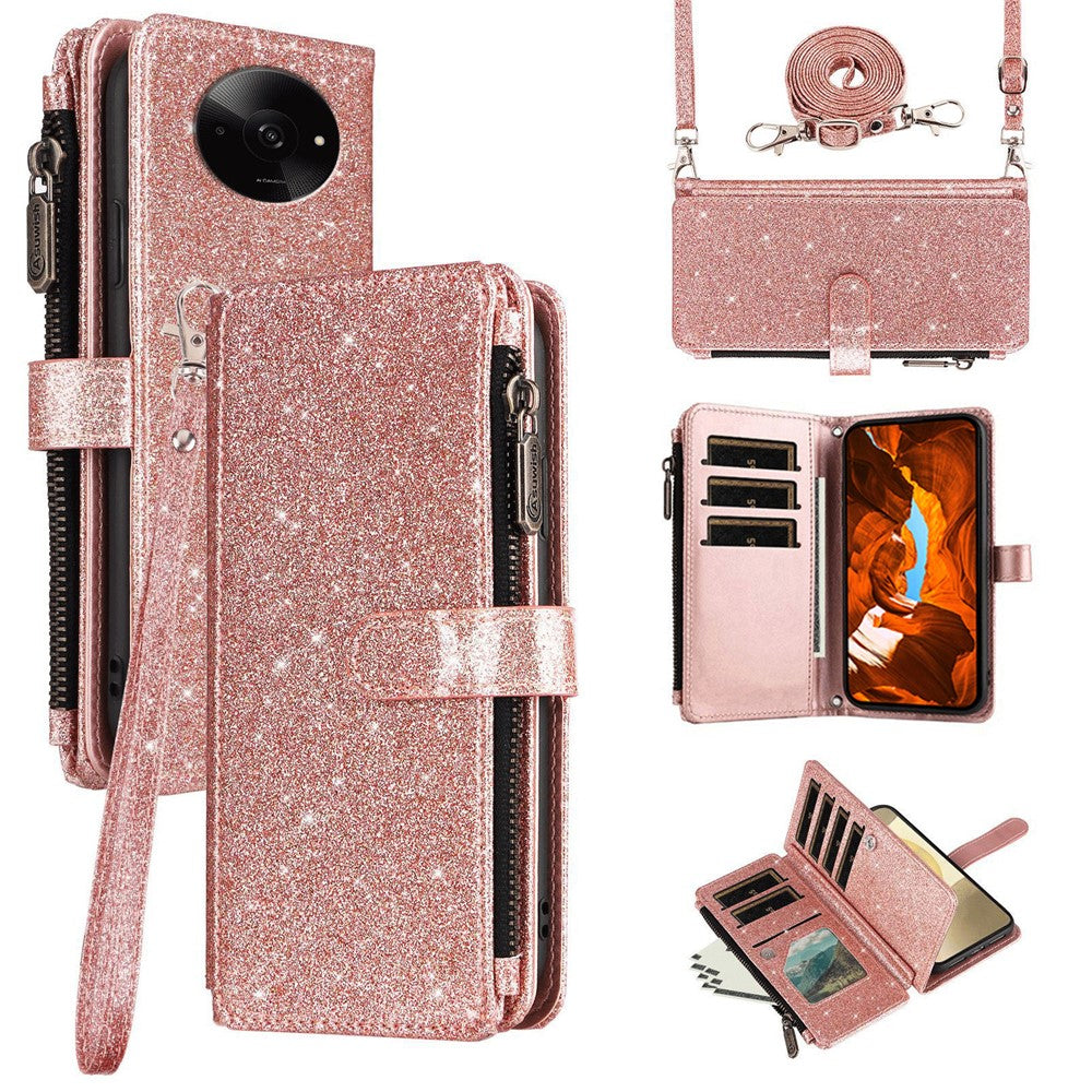 ASUWISH Phone Case For Xiaomi Poco C61 4G  /  Redmi A3 4G  /  Redmi A3x 4G 10 Card Holder Glitter Leather Cover with Crossbody Strap