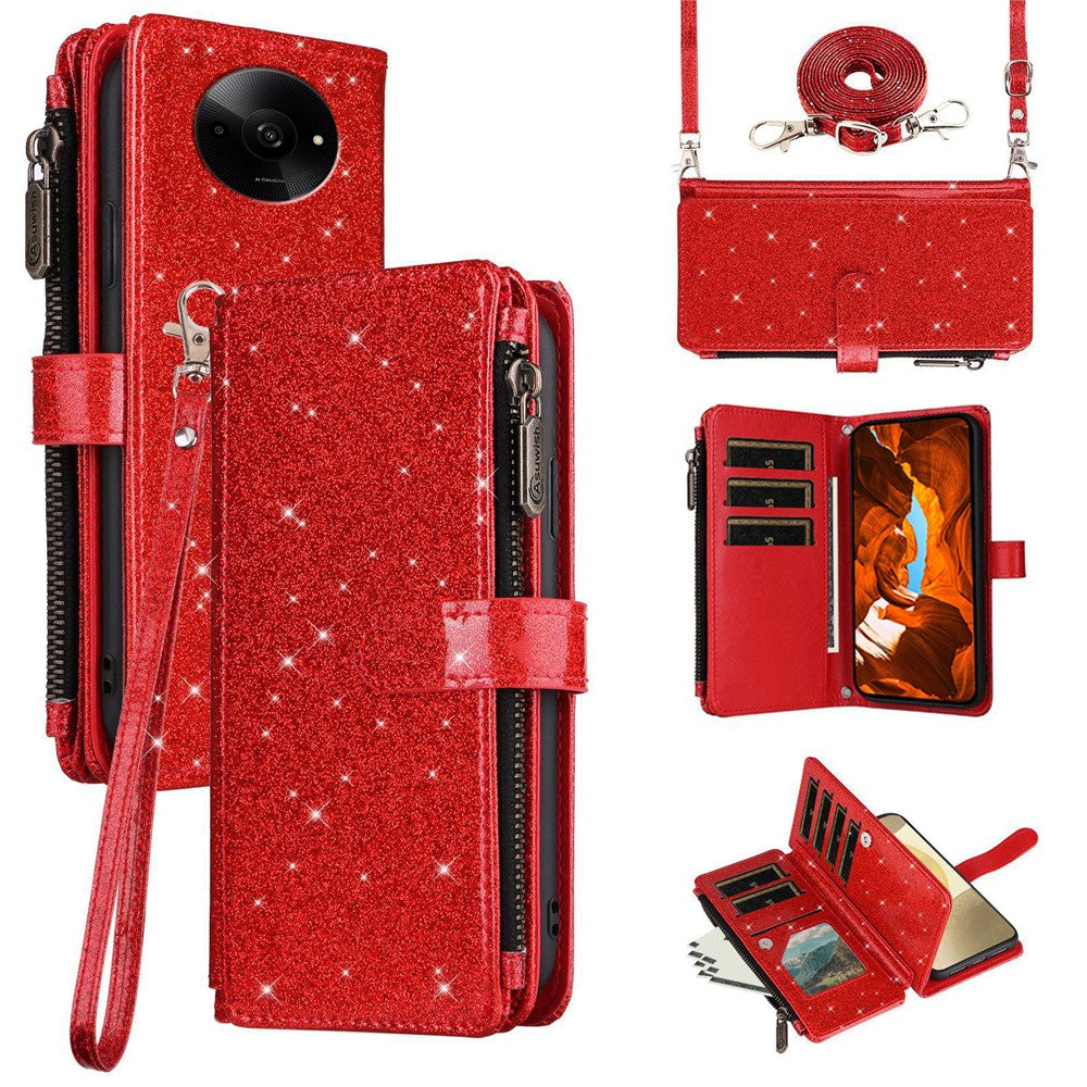ASUWISH Phone Case For Xiaomi Poco C61 4G  /  Redmi A3 4G  /  Redmi A3x 4G 10 Card Holder Glitter Leather Cover with Crossbody Strap