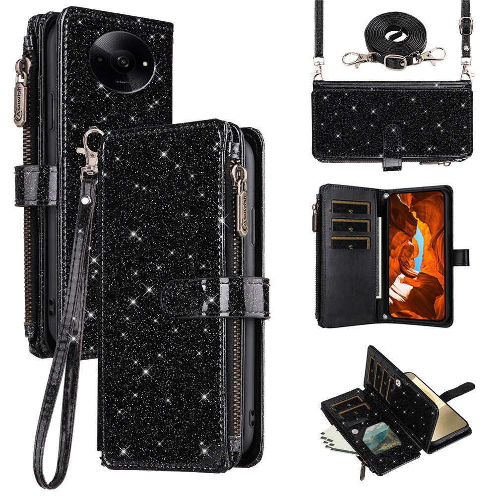 ASUWISH Phone Case For Xiaomi Poco C61 4G  /  Redmi A3 4G  /  Redmi A3x 4G 10 Card Holder Glitter Leather Cover with Crossbody Strap