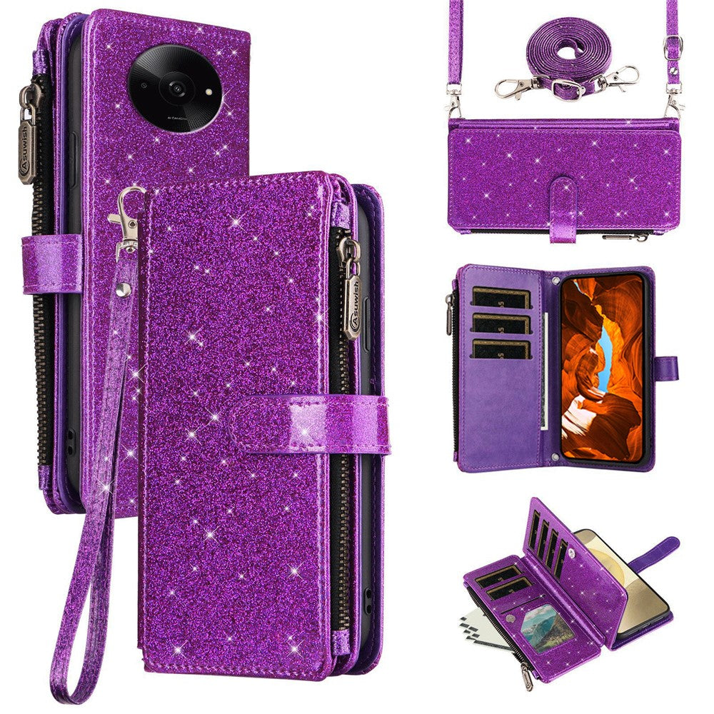 ASUWISH Phone Case For Xiaomi Poco C61 4G  /  Redmi A3 4G  /  Redmi A3x 4G 10 Card Holder Glitter Leather Cover with Crossbody Strap