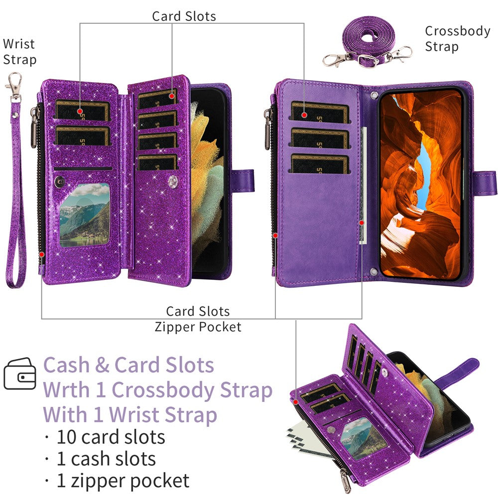 ASUWISH For Samsung Galaxy S25 Edge Case 10 Card Holder Glitter Leather Phone Cover with Crossbody Strap