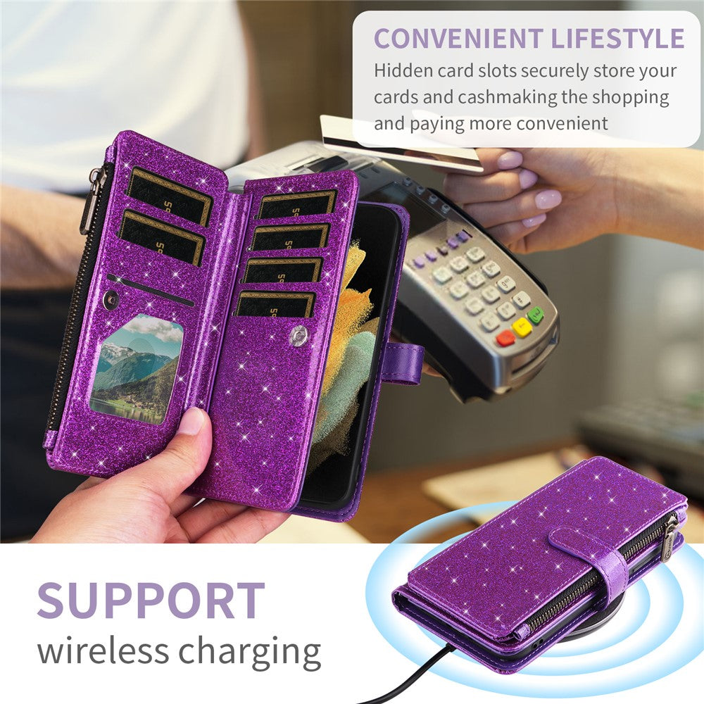 ASUWISH For Samsung Galaxy S25 Edge Case 10 Card Holder Glitter Leather Phone Cover with Crossbody Strap