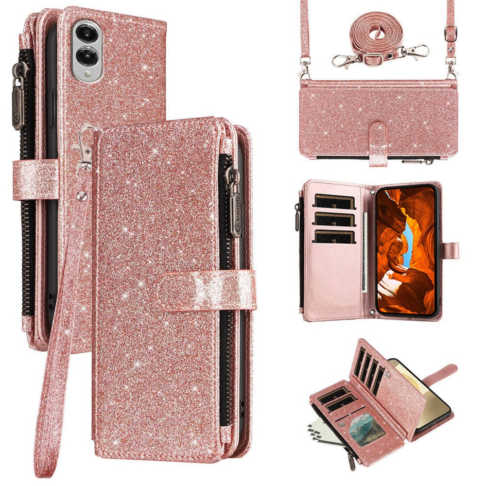 ASUWISH For Samsung Galaxy S25 Edge Case 10 Card Holder Glitter Leather Phone Cover with Crossbody Strap